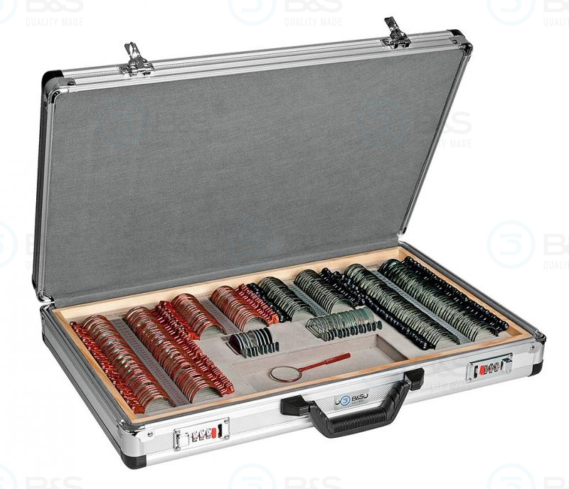  zkušební skříň B&S s kovovými rámečky, čočky s antireflexní úpravou, v kovovém kufru  260 dílů