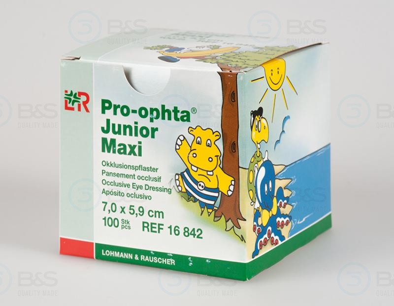  L+R okluzor náplasťový Pro-ophta Junior Maxi 7,0 x 5,9 cm, s obrázky  100 ks